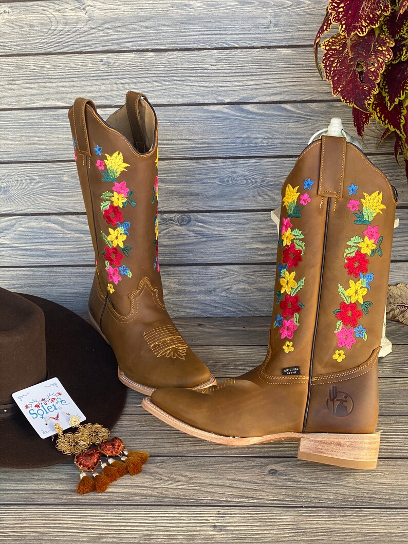 Women's Mexican Boot. Handmade Leather Floral Embroidered Etsy