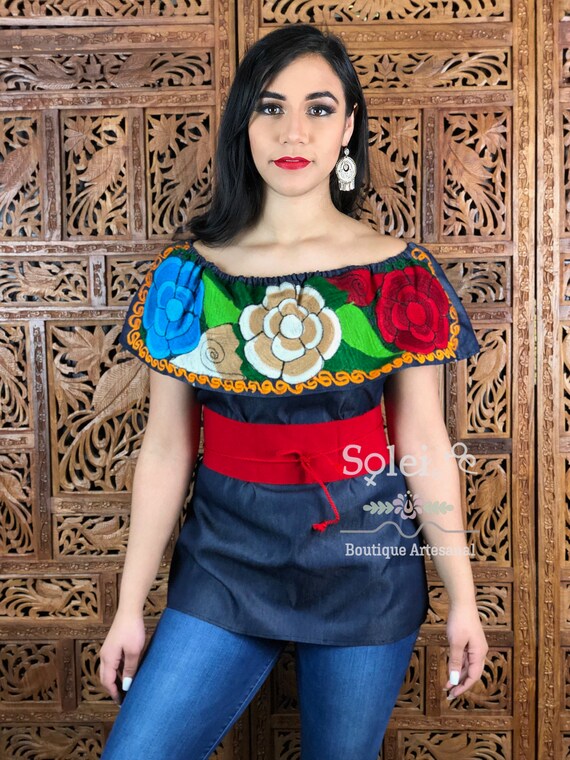 Blusa Campesina De Mezclilla Hecho En Mexico Estilo Frida Etsy