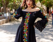 Floral Embroidered Bell Sleeve Dress. Embroidered Mexican Lace Dress. Typical Mexican Dress. Ethnic Style Dress. Boho Hippie Style Dress.