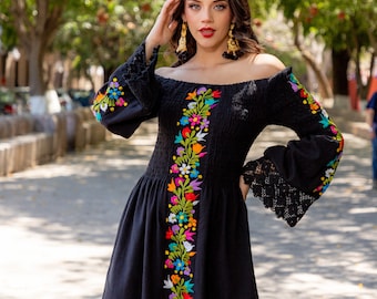 Floral Embroidered Bell Sleeve Dress. Embroidered Mexican Lace Dress. Typical Mexican Dress. Ethnic Style Dress. Boho Hippie Style Dress.