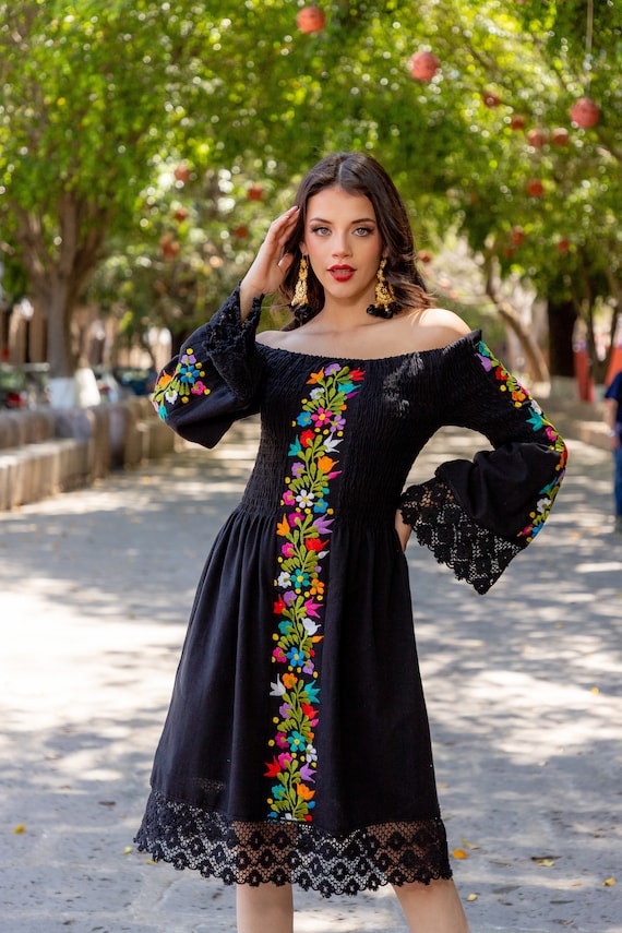 Solei & Ethnic Floral Embroidered Bell Sleeve Dress. Embroidered Mexican Lace Dress. Typical Mexican Dress. Ethnic Style Dress. Boho Hippie Style Dress.