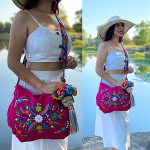 Traditional Embroidered Bag with Tassels. Mexican Morral Bag. Hand Embroidered Floral Bag.Hand Knit Strap. Colorful Mexican Bag.Floral Purse