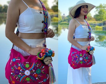 Traditional Embroidered Bag with Tassels. Mexican Morral Bag. Hand Embroidered Floral Bag.Hand Knit Strap. Colorful Mexican Bag.Floral Purse