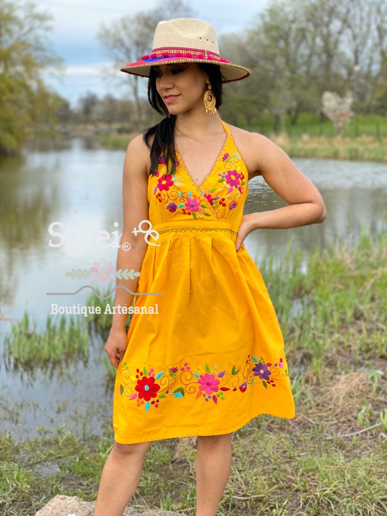 Colorful Mexican Dress. Mexican Dress Mexican Party Dress Mexican Bridesmaid Dress Hand Embroidered Mexican Dress Floral Halter Dress