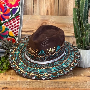 Mexican Suede Hand Painted Hat. Floral Artisanal Hat. Mexican Hat For Women. Elegant Mexican Hat. Mexican Sombrero.