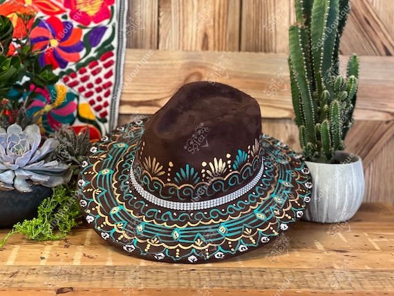 Sombrero Mexicano de Gamuza Pintado a Mano. Sombrero Mexicano de Gamuza.  Sombrero Mexicano Elegante. Sombrero Tipico Hecho en Mexico. - Etsy México