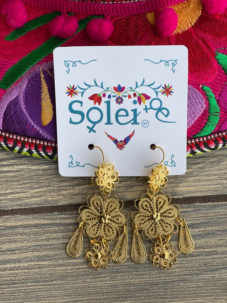 Mexicans Filigree Earrings. Gold Plated Filigree. Frida Khalo Earrings. Womens Flower Earrings. Dangle Earrings. Traditional Earrings. zdjęcie 8