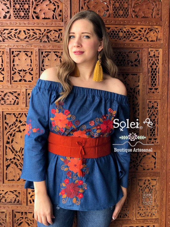 denim embroidered blouse