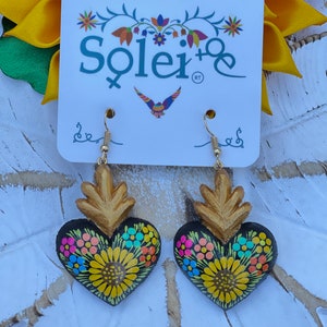 Hand Painted Artisanal Earrings. Dangle Earrings. Mexican Sunflower Earrings. Boho Chic Earrings. Traditional Mexican Jewelry. Gifts for her