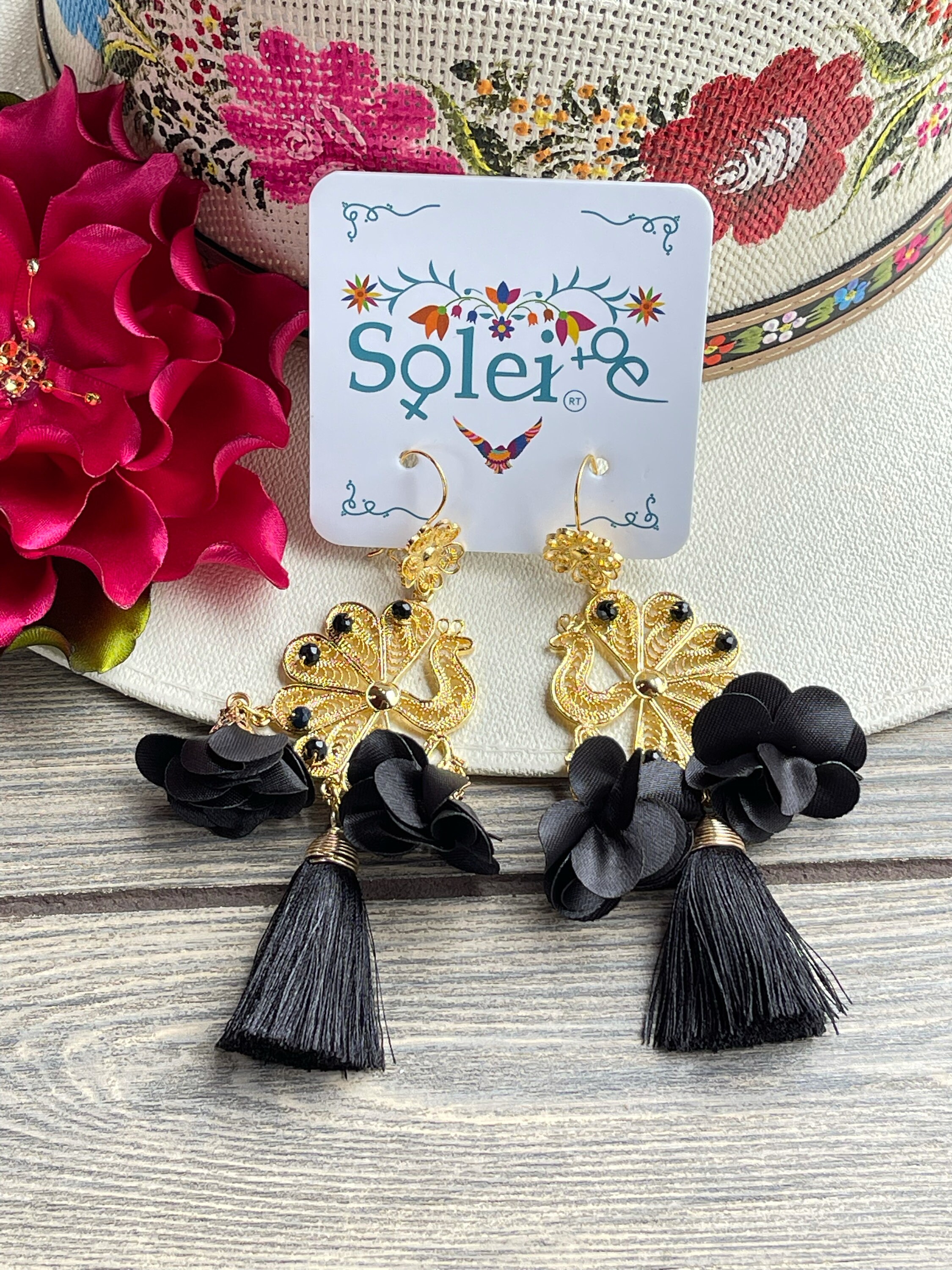 Handmade Gold Plated Filigree Mexican Earrings With Silk 