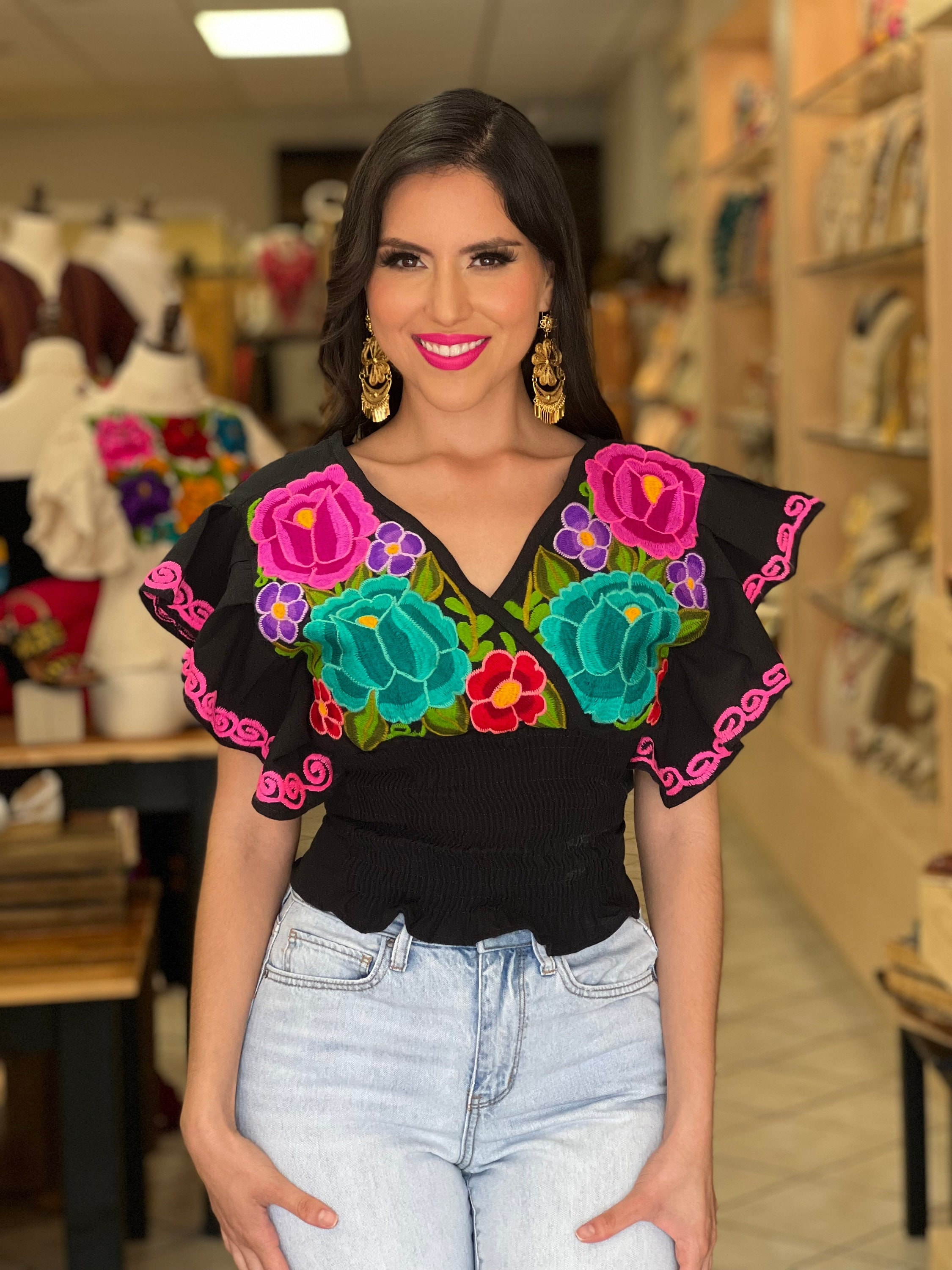 Mexican Embroidered Floral Top. Size S 