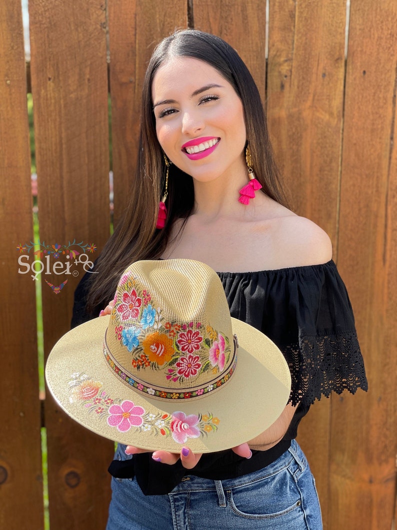 Hand-painted Hat from Mexico - Butterflies - White, Blue, Black