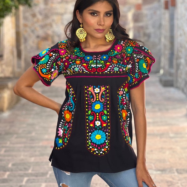 Hand Embroidered Multicolor Blouse. Floral Mexican Blouse. Mexican Traditional Blouse. Artisanal Mexican Blouse. Split Sleeve Top.