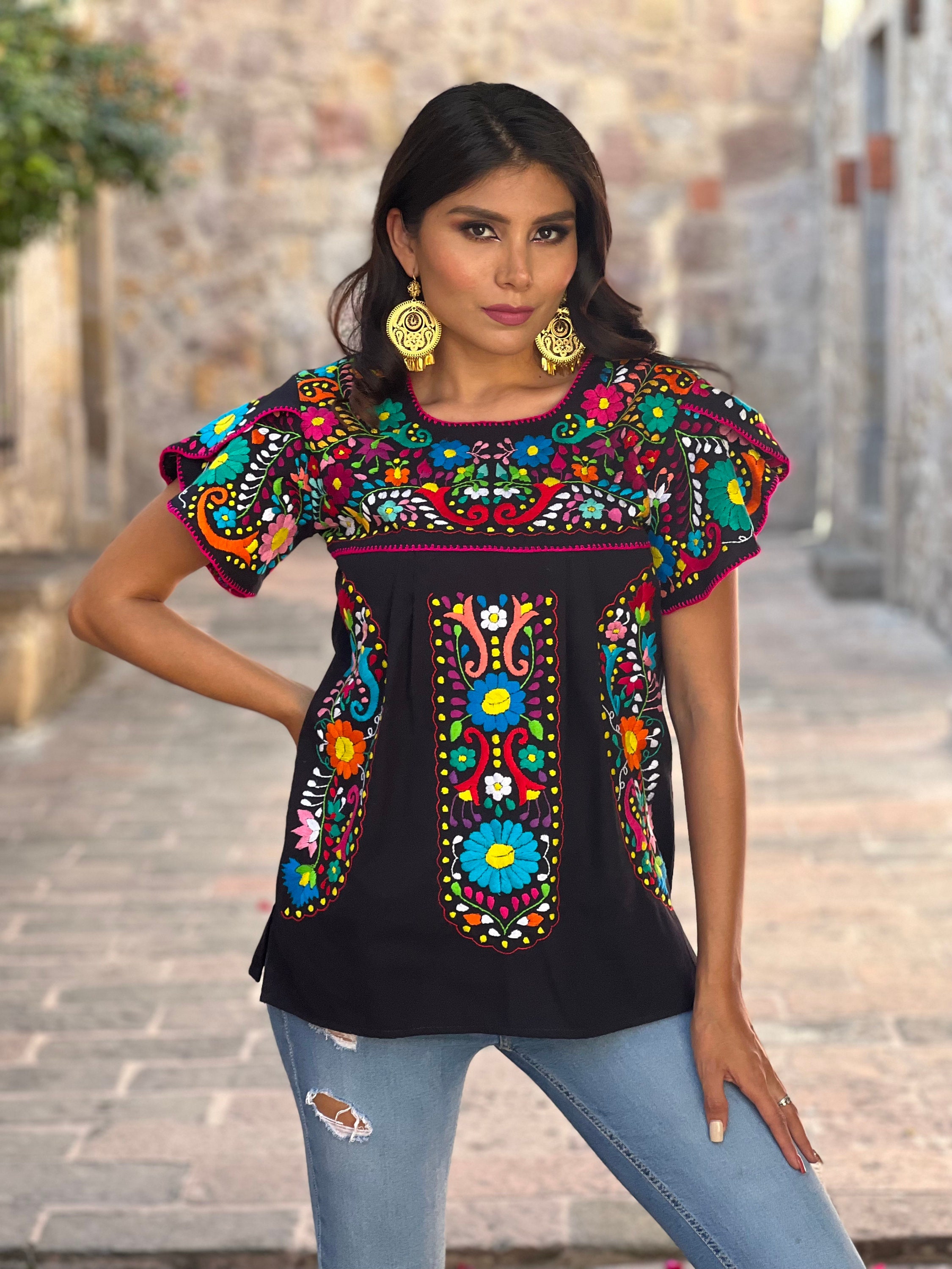 Solei & Ethnic Hand Embroidered Multicolor Blouse. Floral Mexican Blouse. Mexican Traditional Blouse. Artisanal Mexican Blouse. Split Sleeve Top.