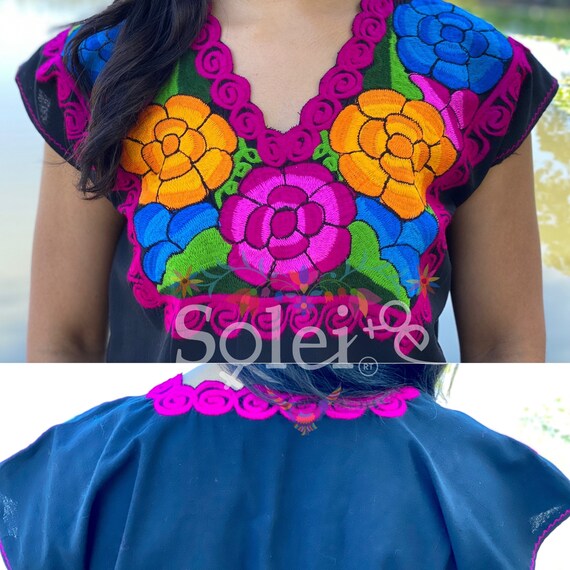 Mexicana con Cuello Bordado. Blusa Etnica NEGRA. - Etsy España