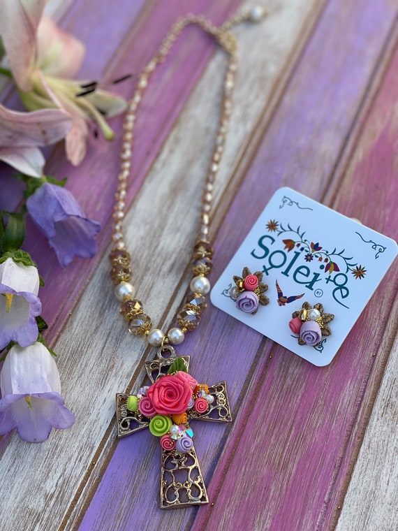 Mexican Cross Necklace Earrings Set. Pearl Necklace. Floral