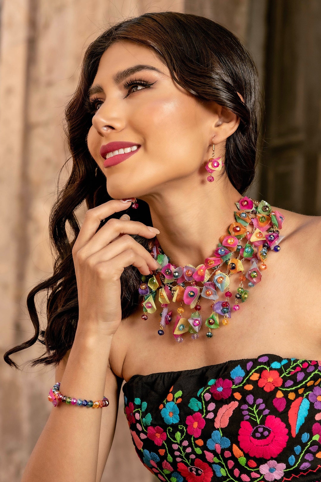 Mexican Artisanal Jewelry Set. Typical Mexican Necklace & Earrings