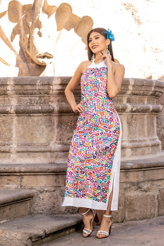 sachin and babi light blue dress Mexican Embroidered Halter Dress. Size S-2X. Wedding Style. Traditional  Mexican Dress. Artisanal Mexican Party Dress. Latina Style.plus Size
