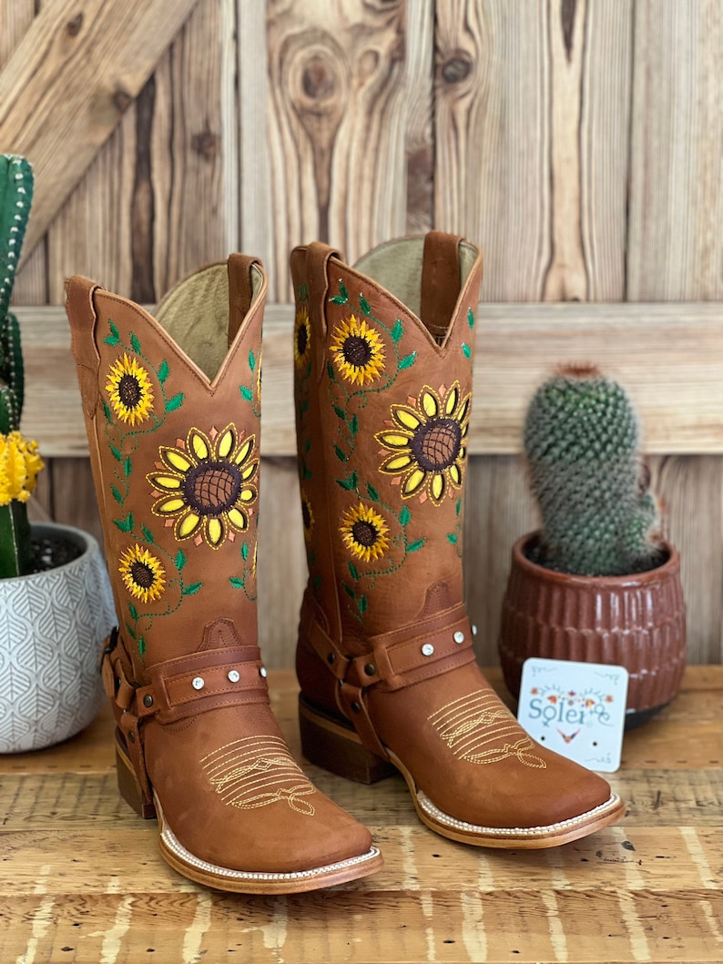 Women's Mexican Boot. Leather Sunflowers Embroidered Boot. Etsy