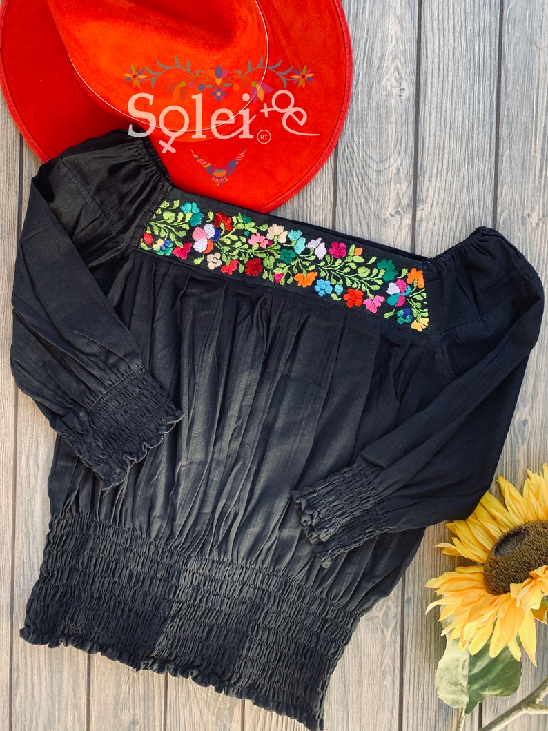 Hand Embroidered Mexican Blouse Authentic Mexican Top Dainty Floral Blouse Mexican Flower Top. Simple Floral Detail Silk Thread Blouse