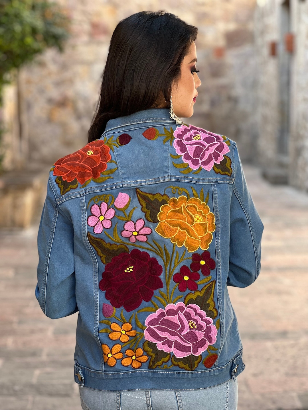 Mexican Floral Embroidered Jeans Jacket. Mexican Artisanal 