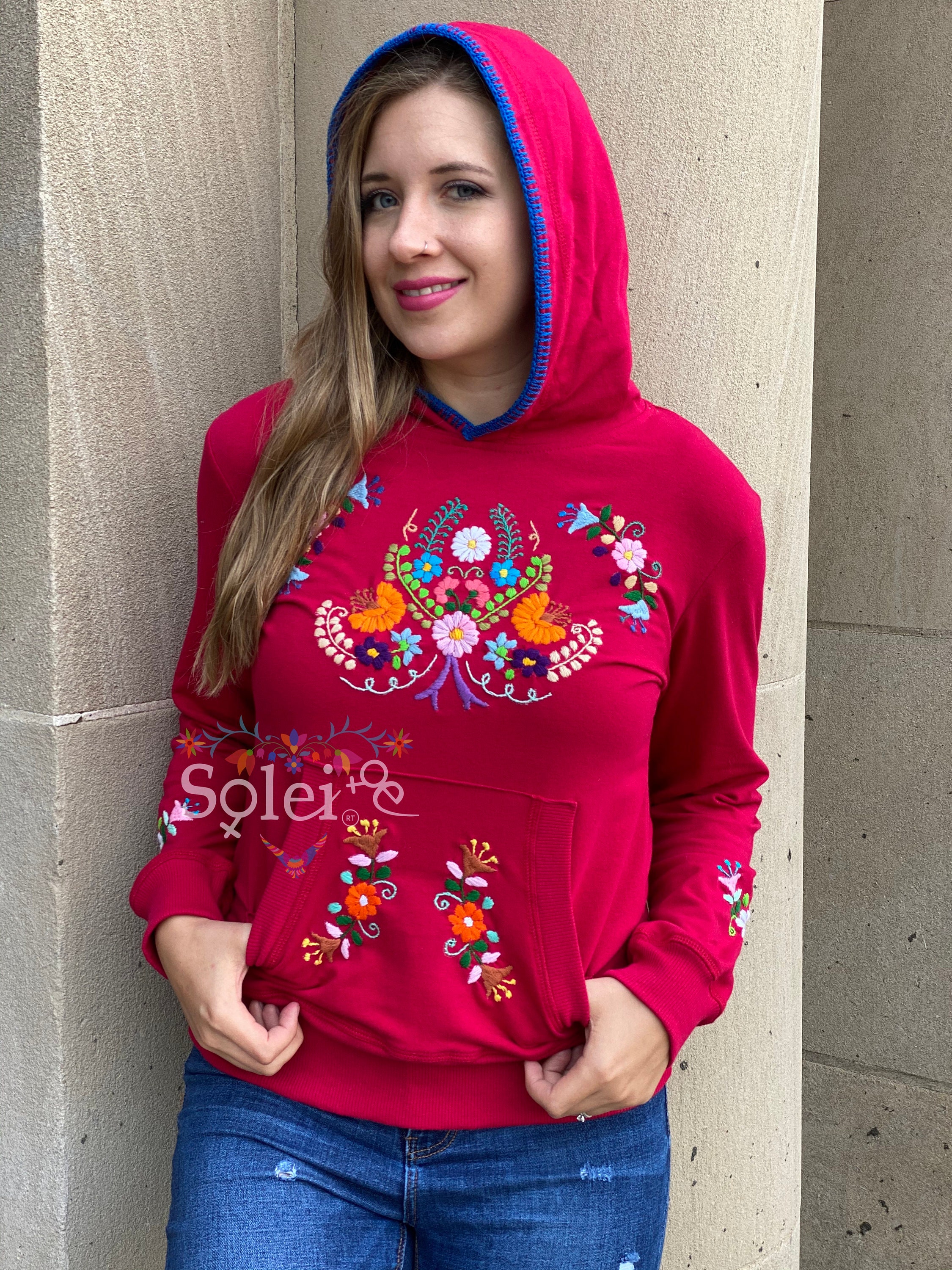 Sweat à Capuche Vintage Rouge Hippie Années 60-70 - Brodé Fleur - Taille M