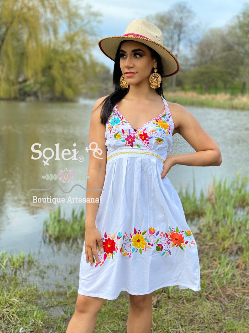 Colorful Mexican Dress. Mexican Dress Mexican Party Dress Mexican Bridesmaid Dress Hand Embroidered Mexican Dress Floral Halter Dress