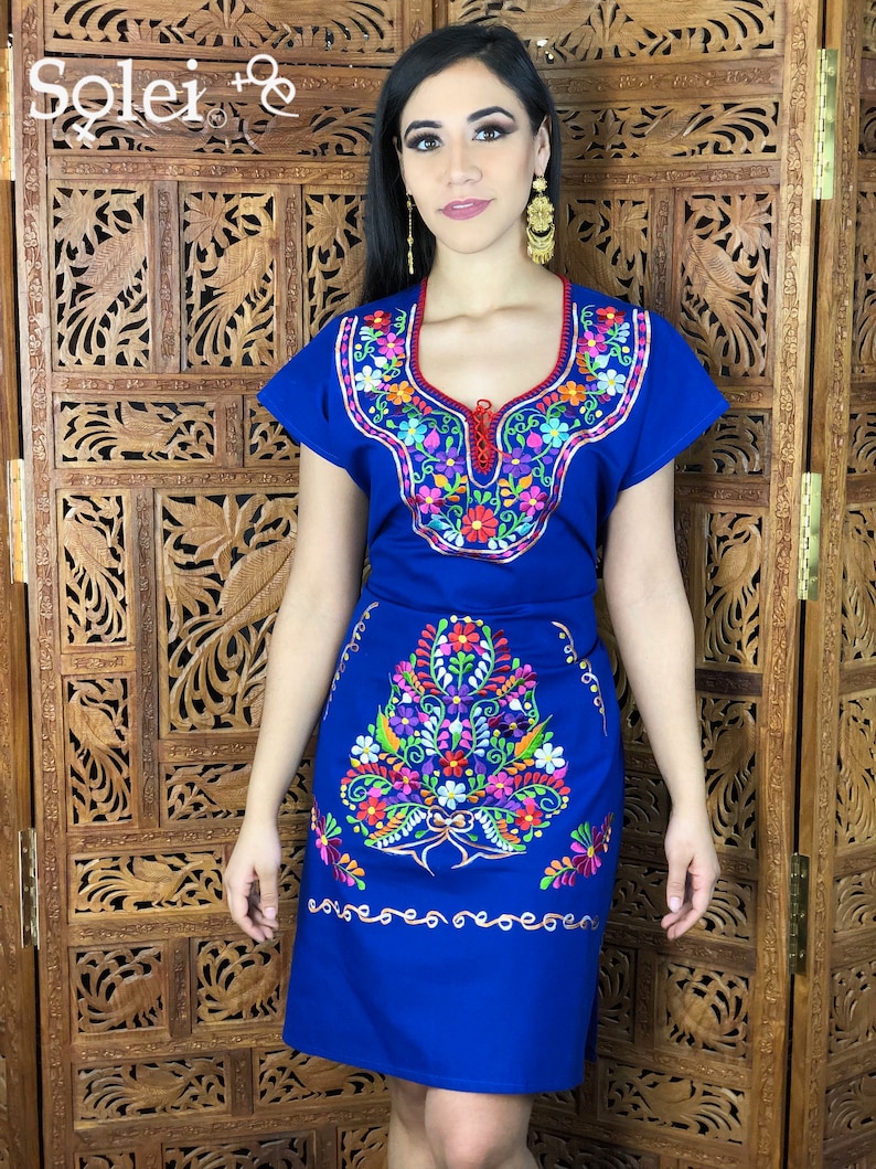 Handmade Mexican Dress. Beautiful Traditional Blue Dress Mexican Colorful Embroidered Dress