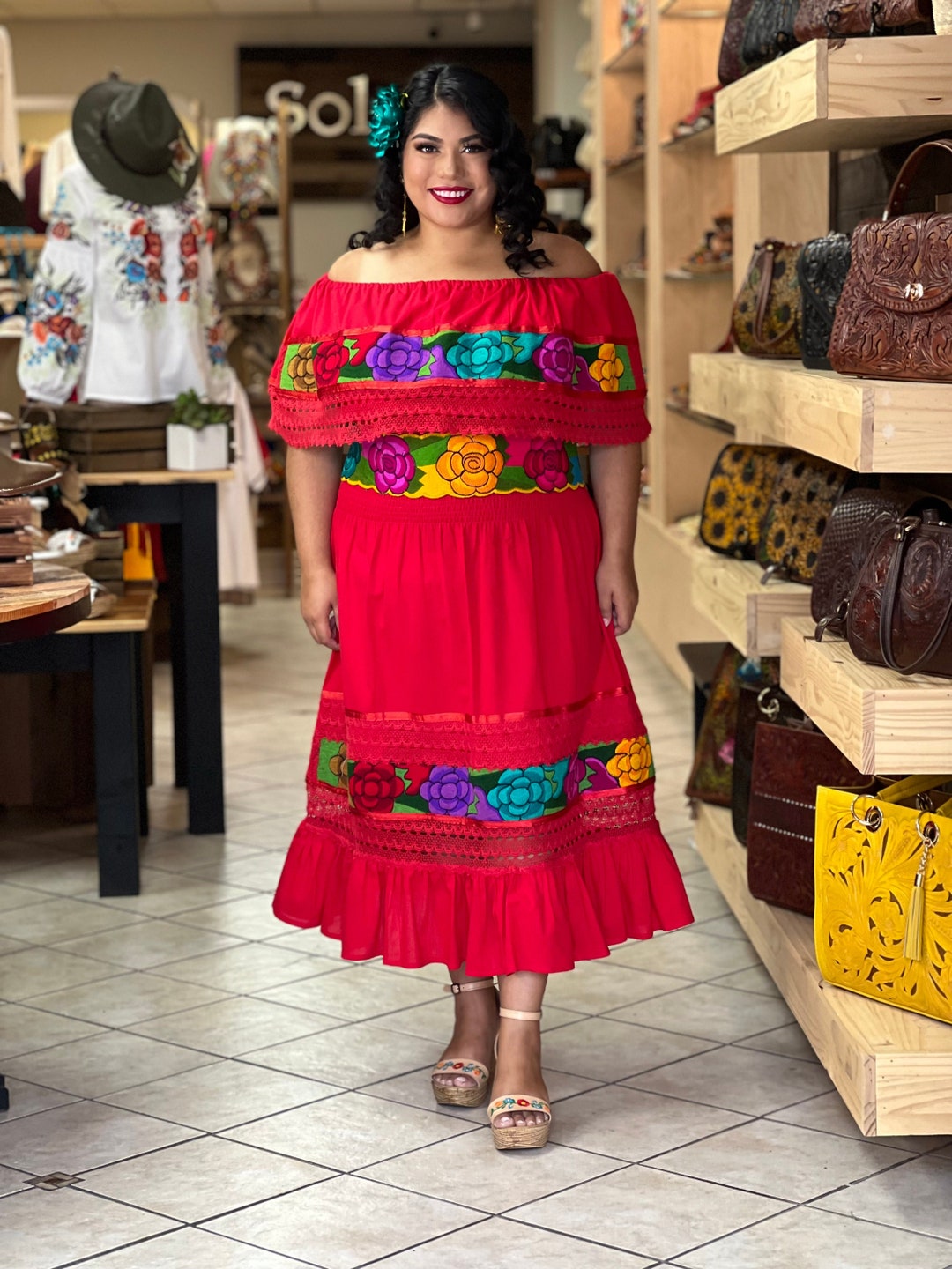 Mexican Traditional Dress. Floral Embroidered Dress. Mexican Fiesta Dress.  Lace Trim off the Shoulder Dress. -  Finland