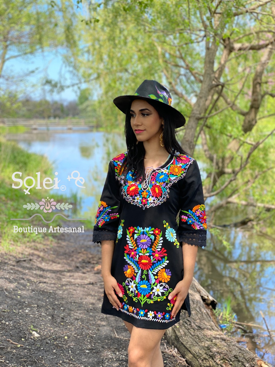  Authentic Mexican Embroidered Dress from Mexico womens vestidos  bordados mexicanos huipil black colorful dress vestidos long traditional  bordados Dress Short Sleeve (M, Black and Colors) : Handmade Products