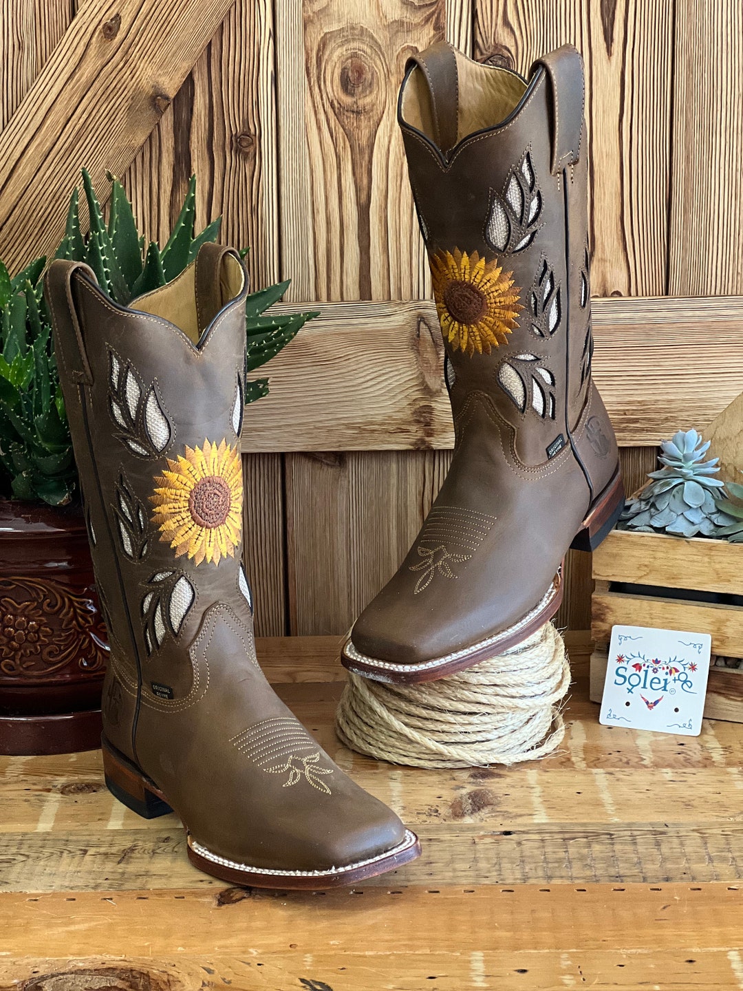 Women's Mexican Boot. Leather Sunflower Embroidered Boot