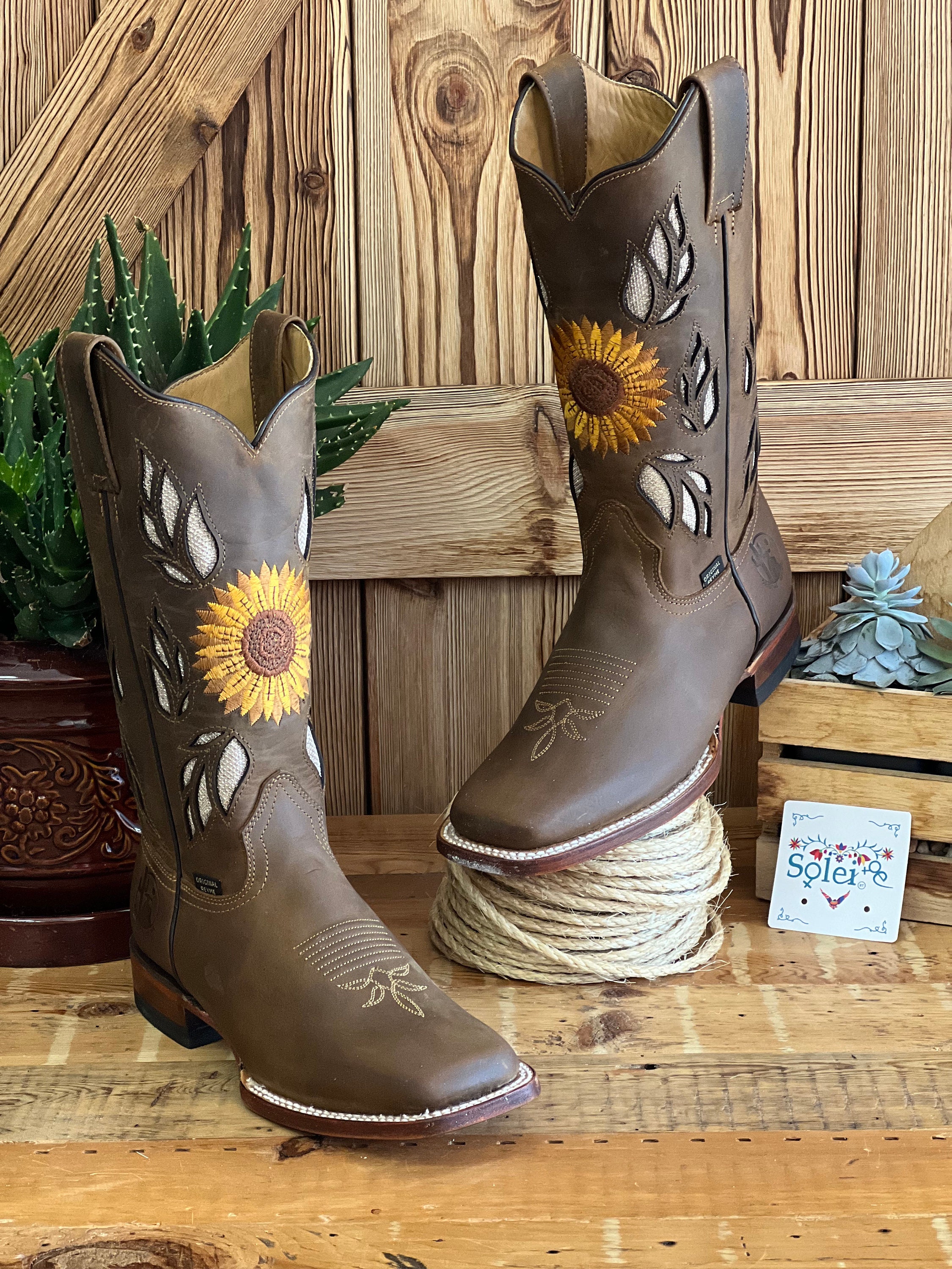 Women s Mexican Boot. Leather Sunflower Embroidered Boot. Artisanal Women s Boots. Western Boot. Cowgirl Authentic Boot