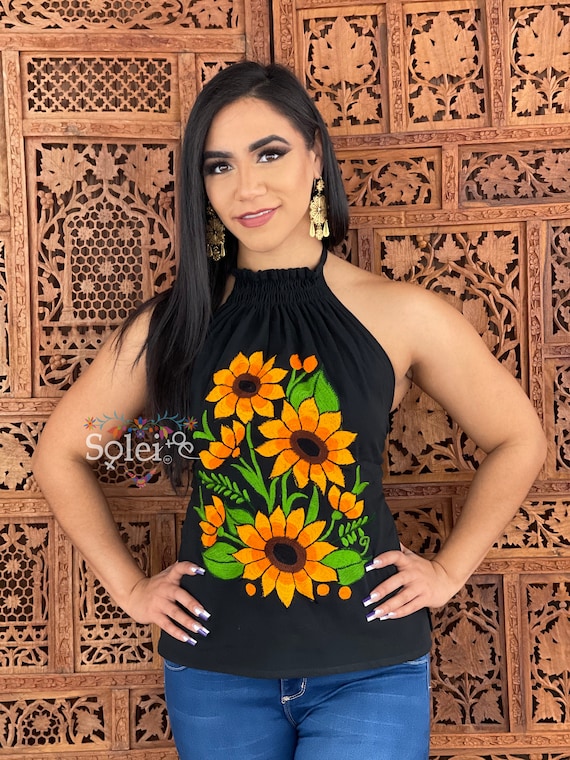 Blusa Halter Floral. Blusa Floral Bordado. Blusa Halter Girasoles. Blusa Fashion Mexicana. Top Mexicano Floral.Estilo BohoHippie.Frida Kahlo Etsy Espana