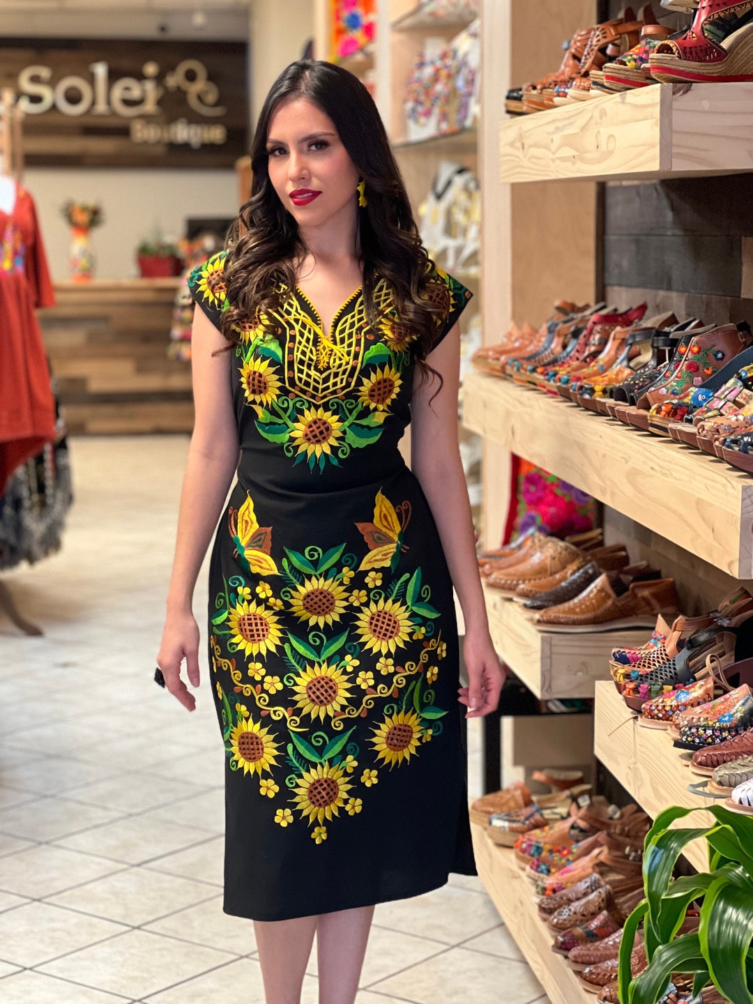 Vestido Kimono Mexicano Bordado Girasol. Vestido Mexicano Girasoles. Vestido Negro Formal. Vestido Tradicional Mexicano. Fiesta Mexicana. Etsy Mexico