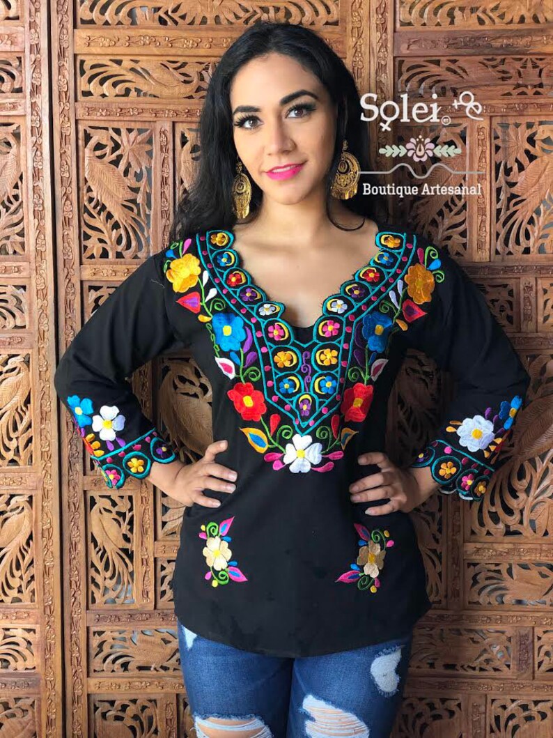Hippie-Boho Floral Embroidered Mexican Blouse Colorful Floral Mexican Blouse 34 Sleeve Blouse Traditional Mexican Top.
