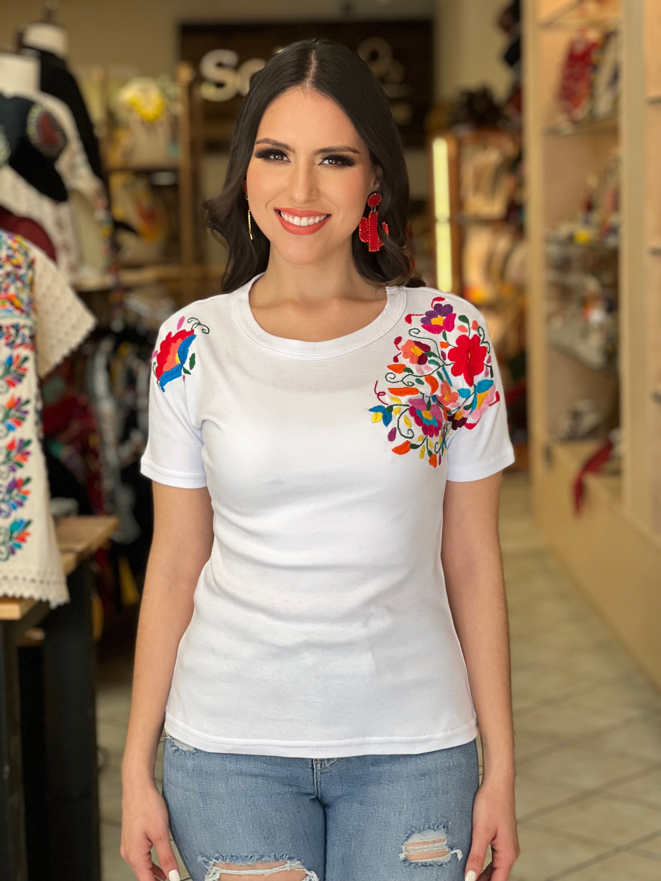 古着 ビンテージ 70s トップス メキシカン 花柄 刺繍 Tシャツ メキシカンお花刺繍 カラフルステッチ フォークロア レトロ