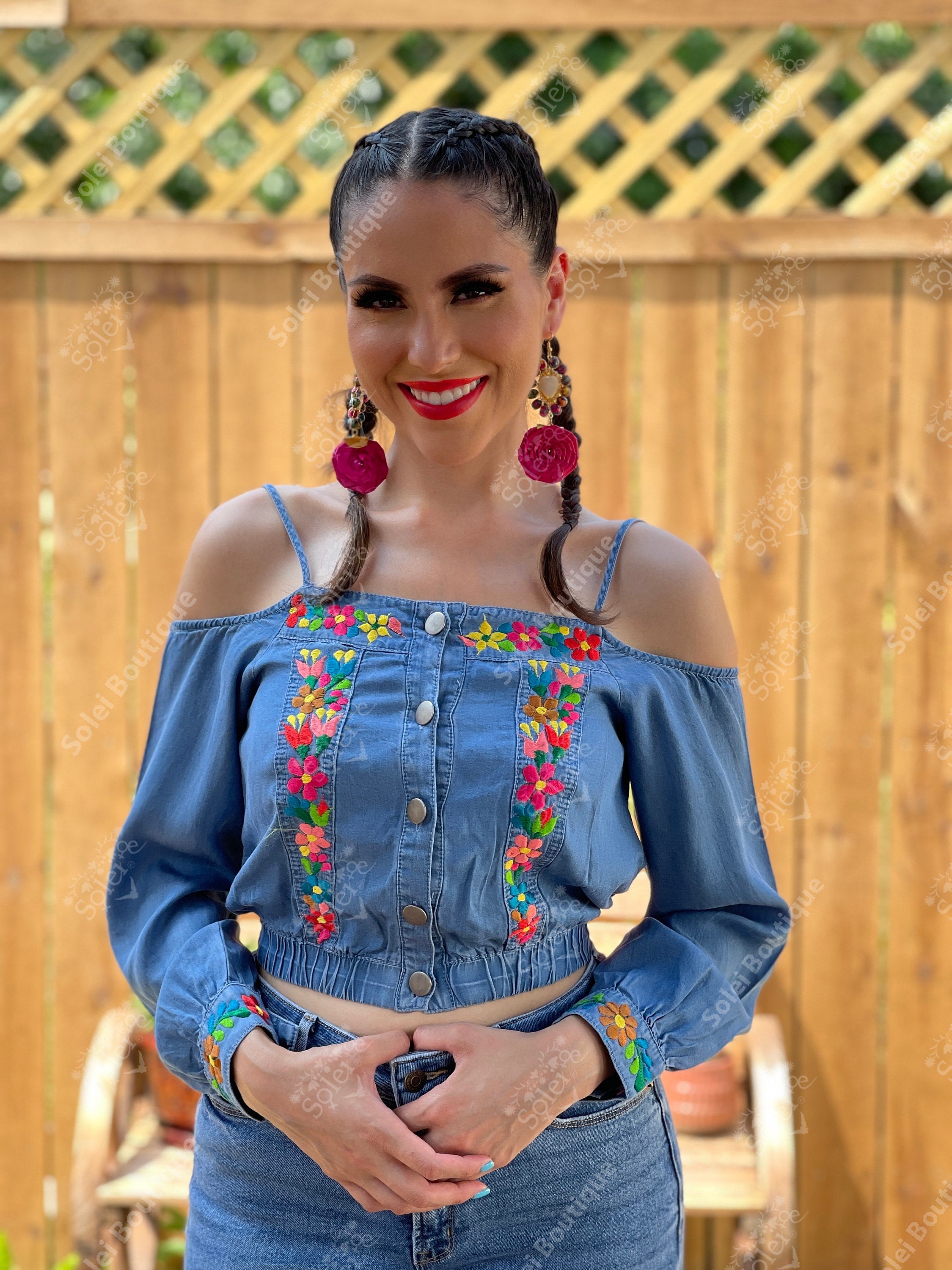 Blusa Crop Top Floral de Mezclilla. Blusa Mexicana Bordada. Top Mexicano estilo Bohemio. Blusa Artesanal Mexicano. Crop Top Manga Larga. Etsy Espana