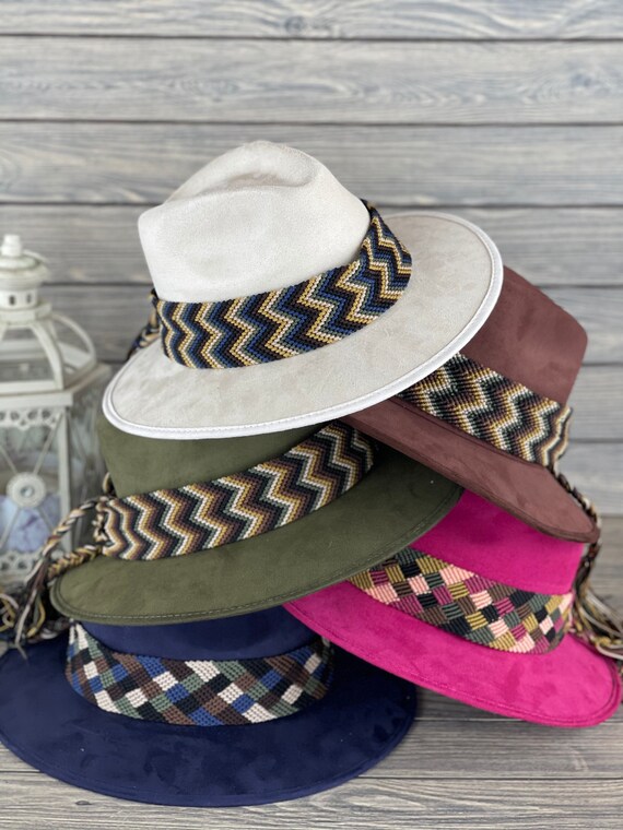 Mexican Fedora Hat with artisanal braided band Mexican Hat With Braided Band. Suede Hat With Artisanal Band  main image 2