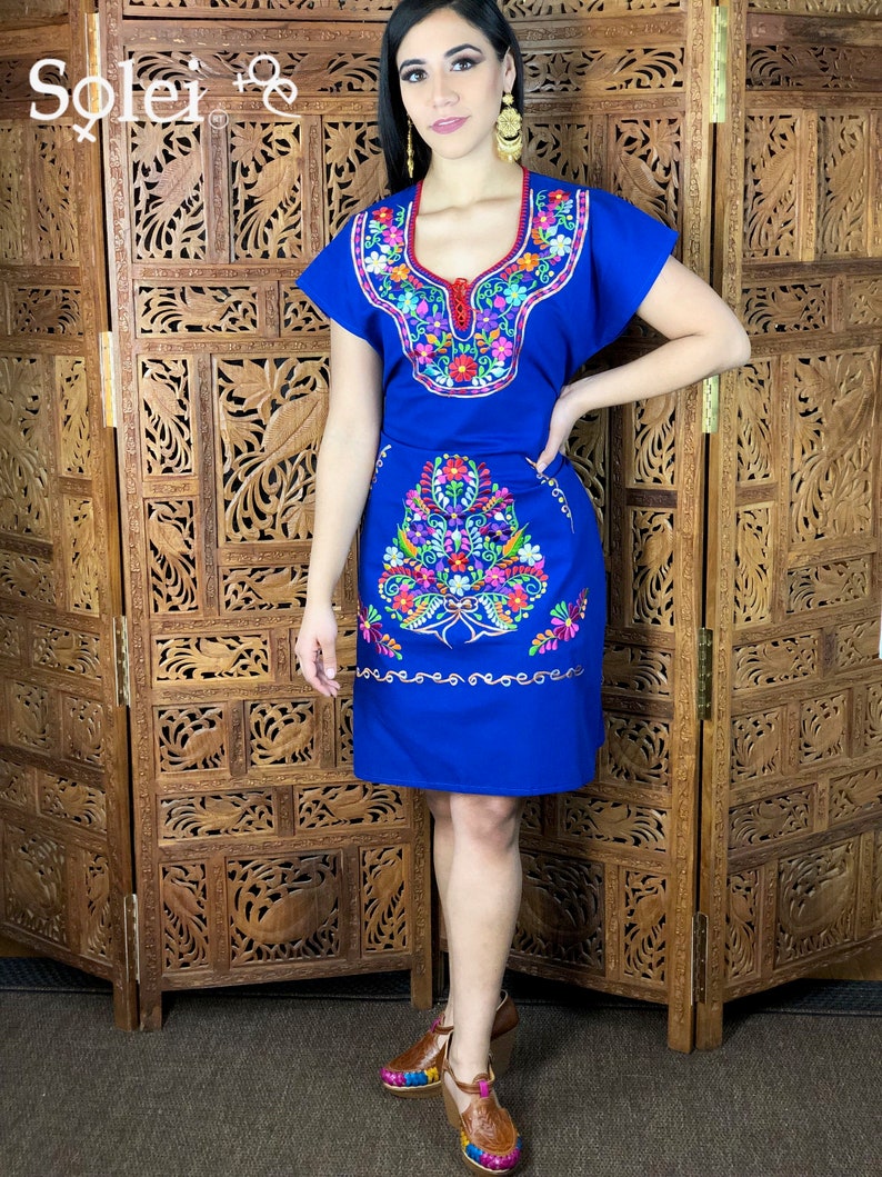 Handmade Mexican Dress. Beautiful Traditional Blue Dress Mexican Colorful Embroidered Dress