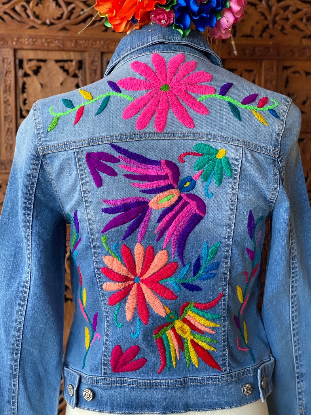 Mexican Embroidered Otomi Jeans Jacket. Mexican Artisanal Denim