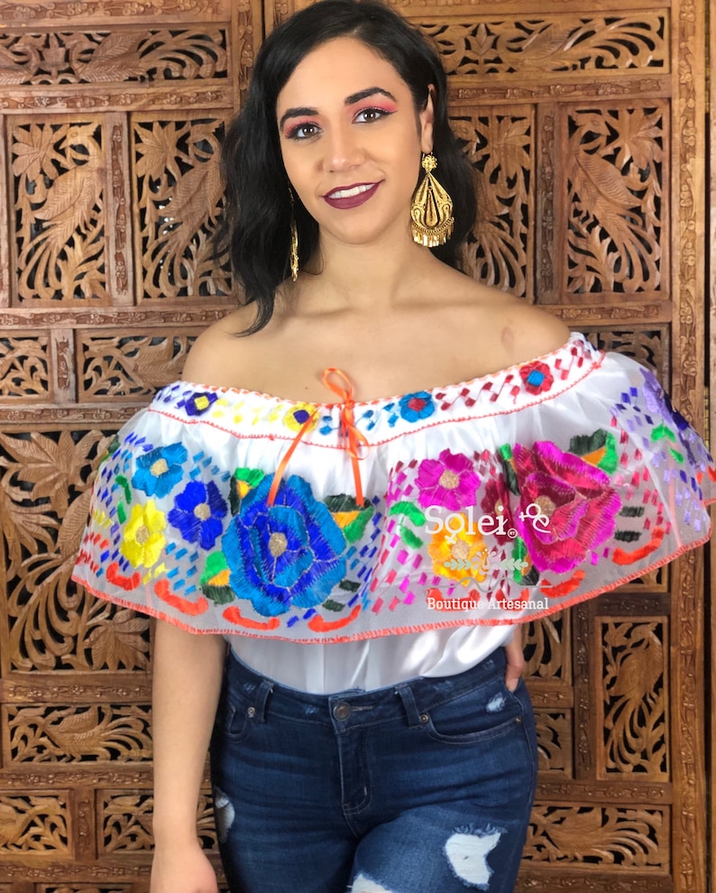 Off the Shoulder Blouse Free Shipping. Hand Embroidered Chiapaneca Blouse Colorful Mexican Blouse Mexican Lace Blouse