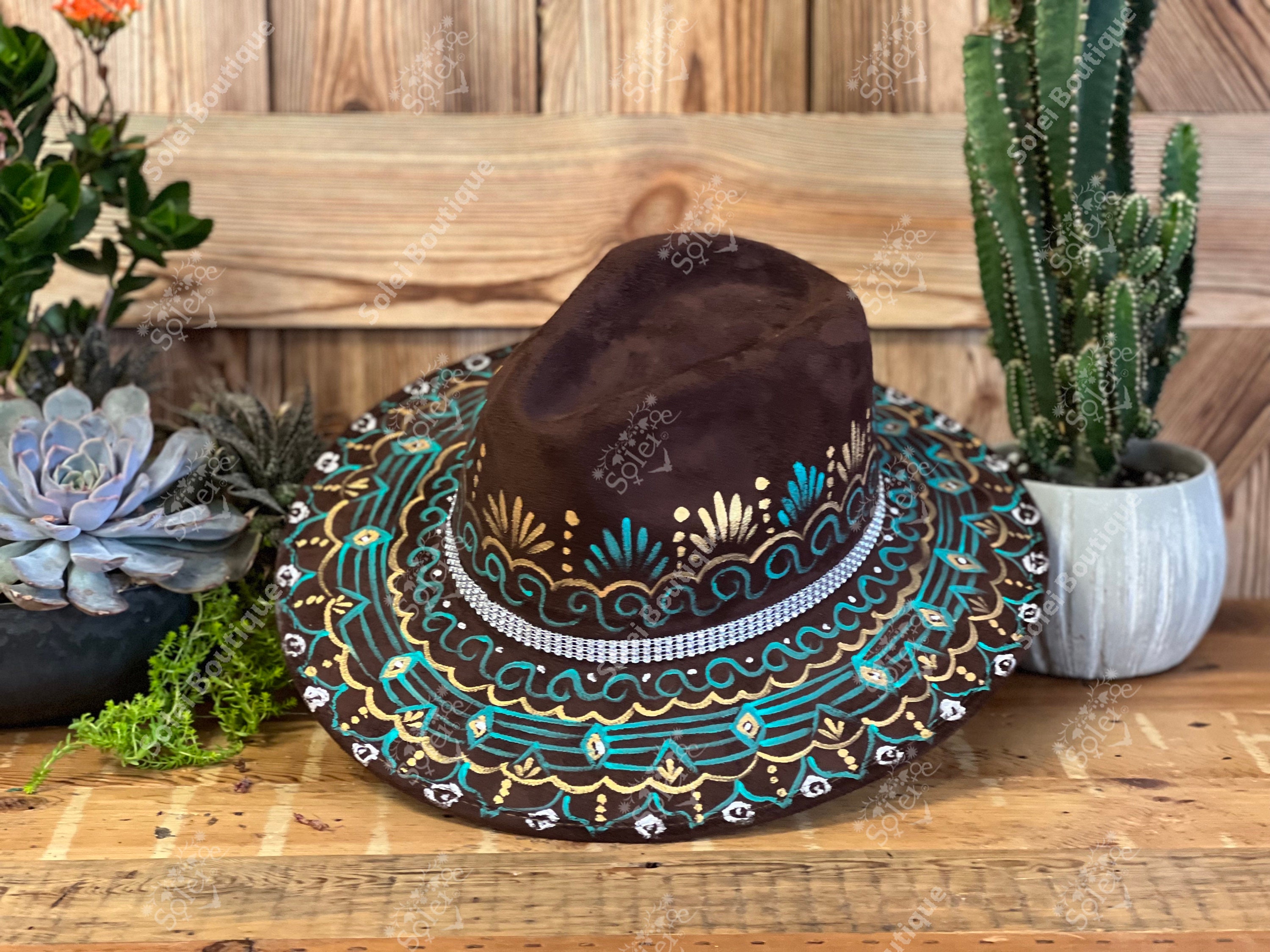 Mexican Suede Hand Painted Hat. Floral 