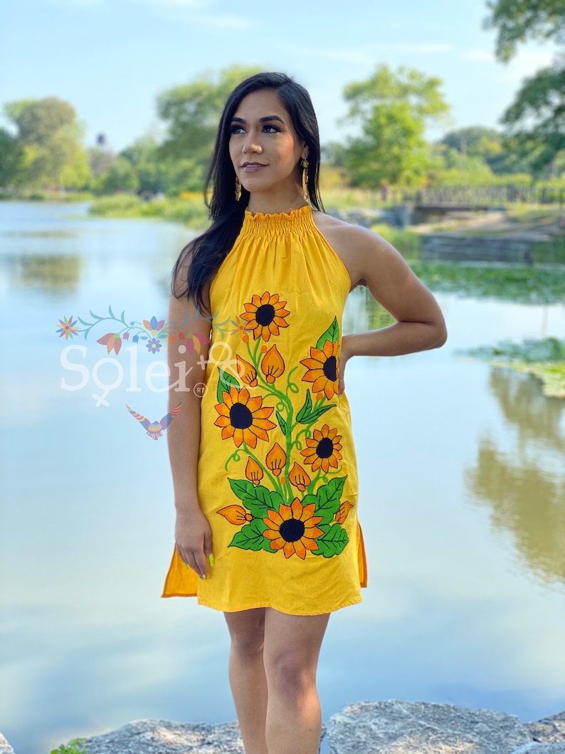Mexican Floral Halter Dress Artisanal Mexican Dress Authentic Mexican Dress Sunflower Embroidered Dress Mexican Fiesta Boho-Hippie.