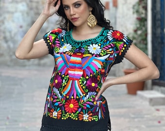 Embroidered Mexican Bird Blouse. Size S - 3X. Floral Embroidered Blouse. Traditional Mexican Shirt. Colorful Mexican Blouse. Otomi Top.