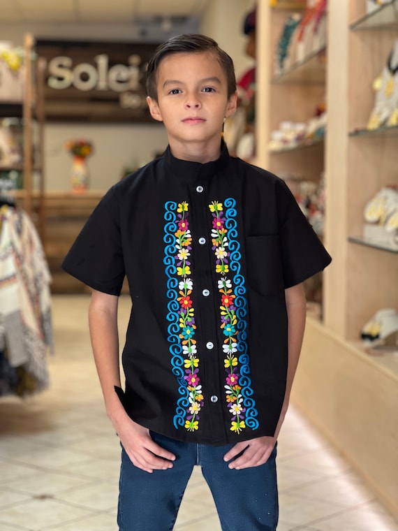 Boys Mexican Traditional Shirt. Floral Embroidered Guayabera