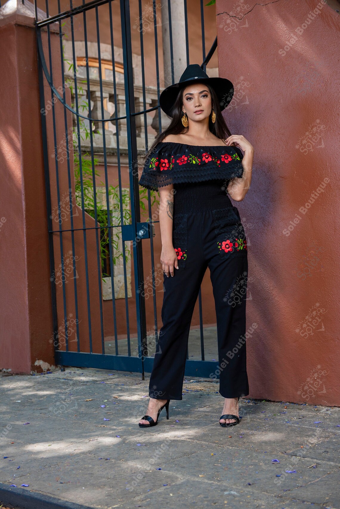 Mexican Floral Jumpsuit. Lace Trim off the Shoulder Jumpsuit. Etsy