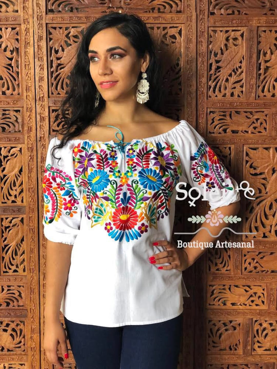 Front Tie Floral Embroidered Blouse. off the Shoulder Blouse. Mexican ...