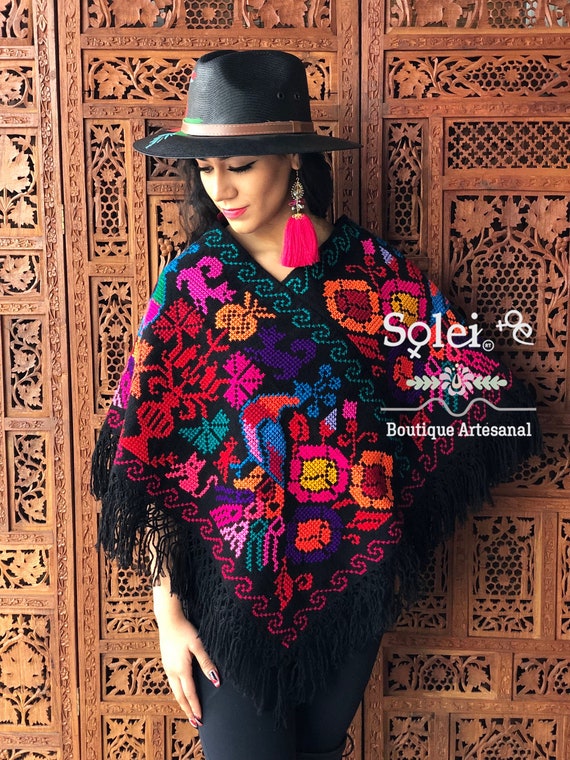 Peacock Embroidered Poncho. Colorful 