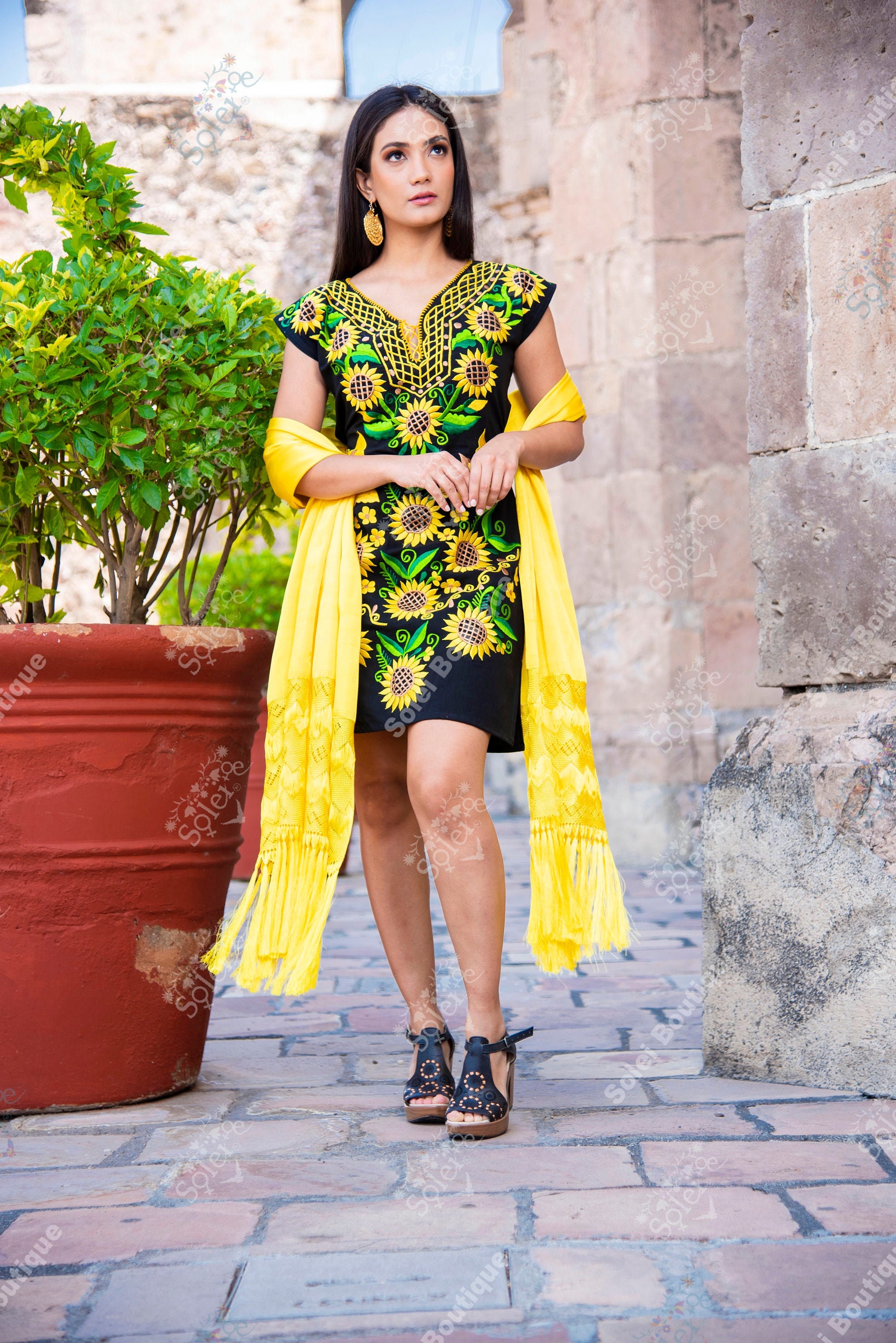 Mexican Kimono Dress. Sunflower Embroidered Dress. Traditional