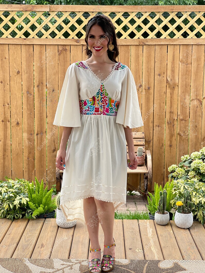 Vintage Mexican Festival Floral Print V Neck Bell Sleeve Midi Dress